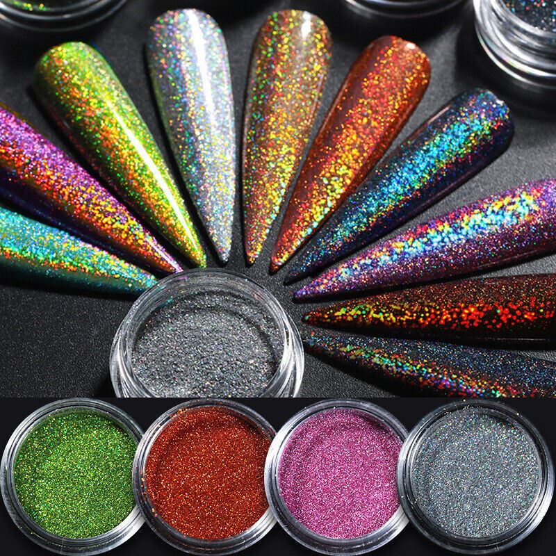 Holographic Nail Powder With Applicator Chrome Shimmer Mirror Glitter Pigment
