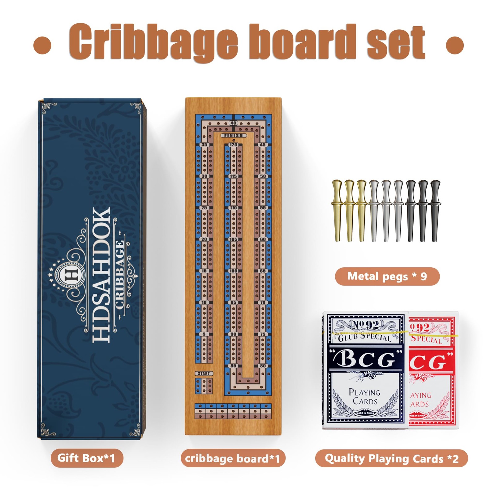 Wooden Cribbage Board Game Set – 15 inches x 2 inches, Walnut Color
