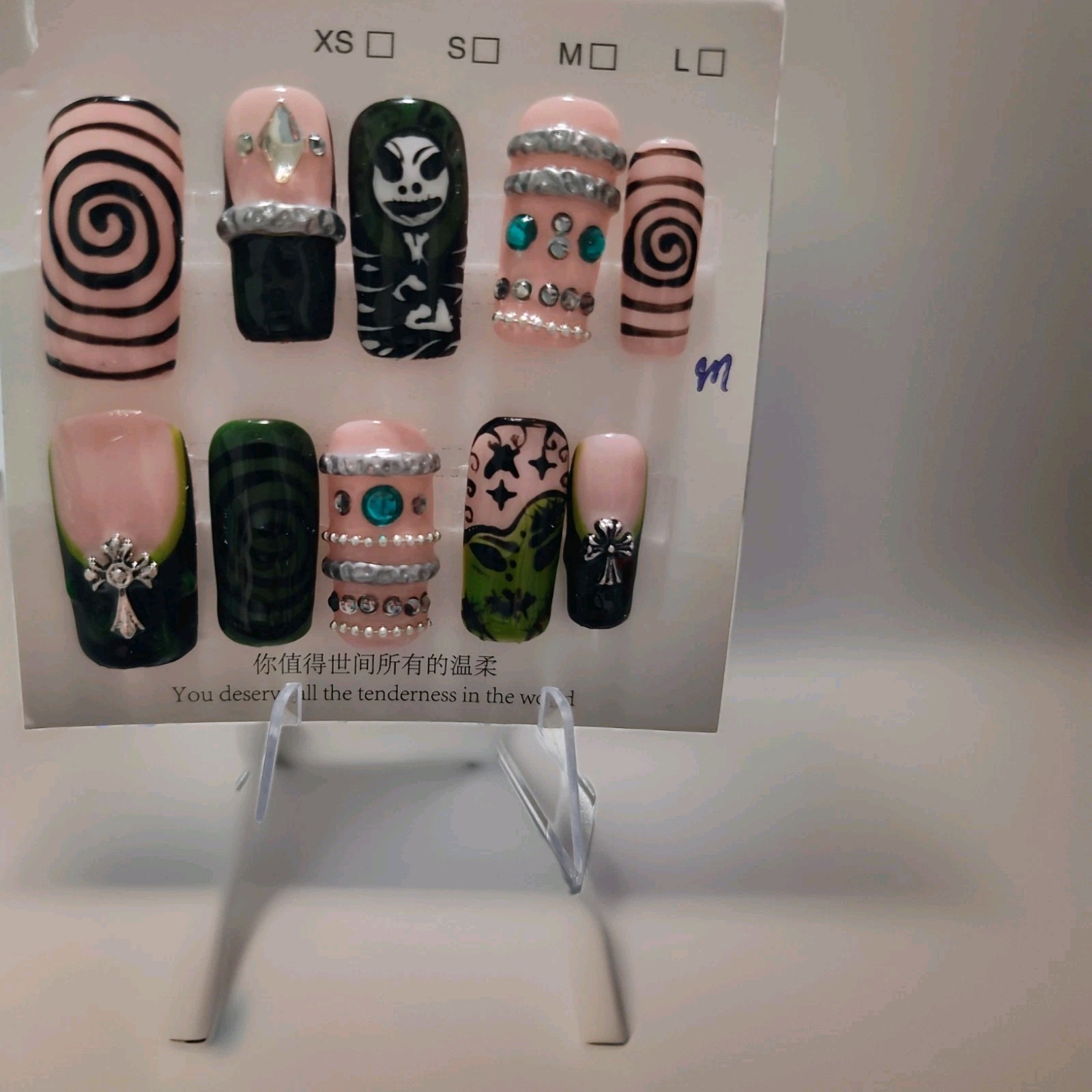 Green Pink Black Square 3D Alien Cross Swirl Shiny Press-On Nails Full Cover