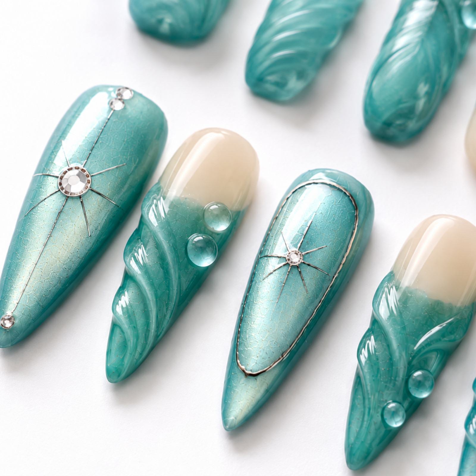 Handmade Aqua Teal Nude 3D Wave Press On Nails Rhinestone Custom Set