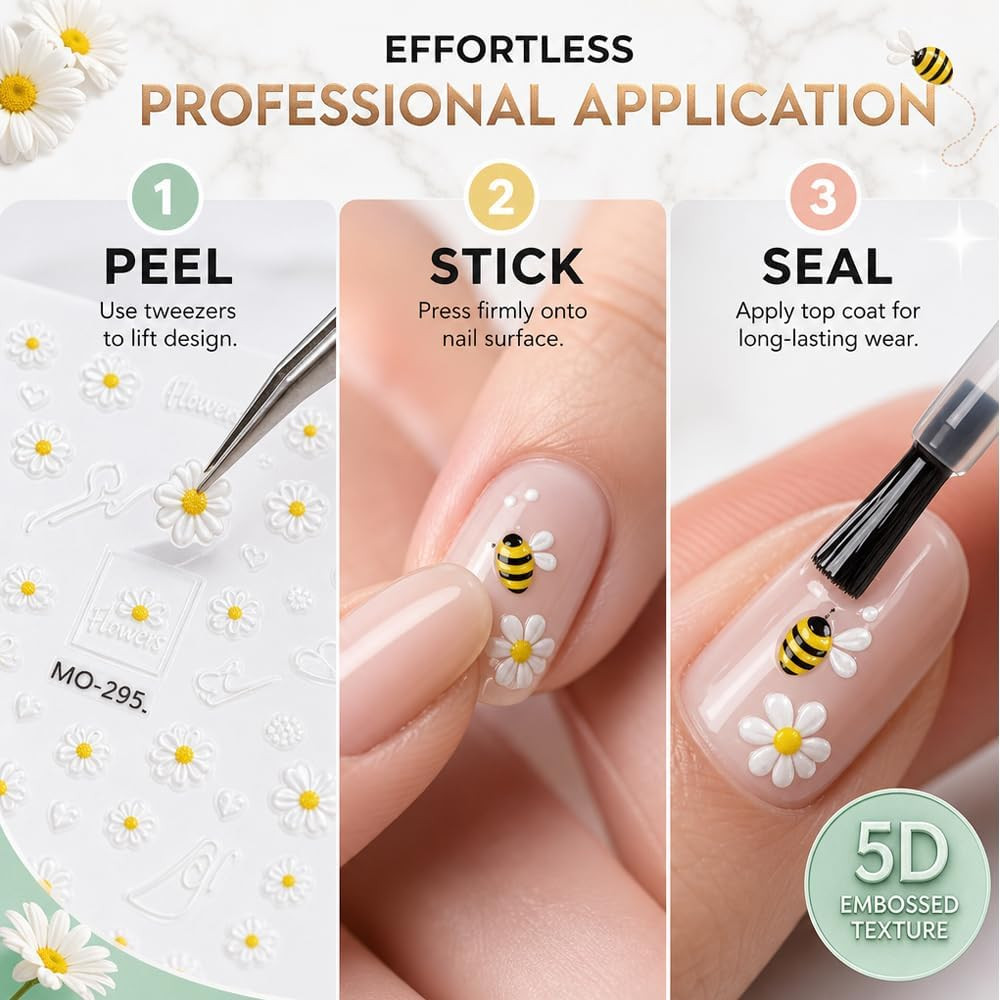 4Pcs Daisy Bee 5D Embossed Nail Art Stickers | Floral White Petal, Textured Mani