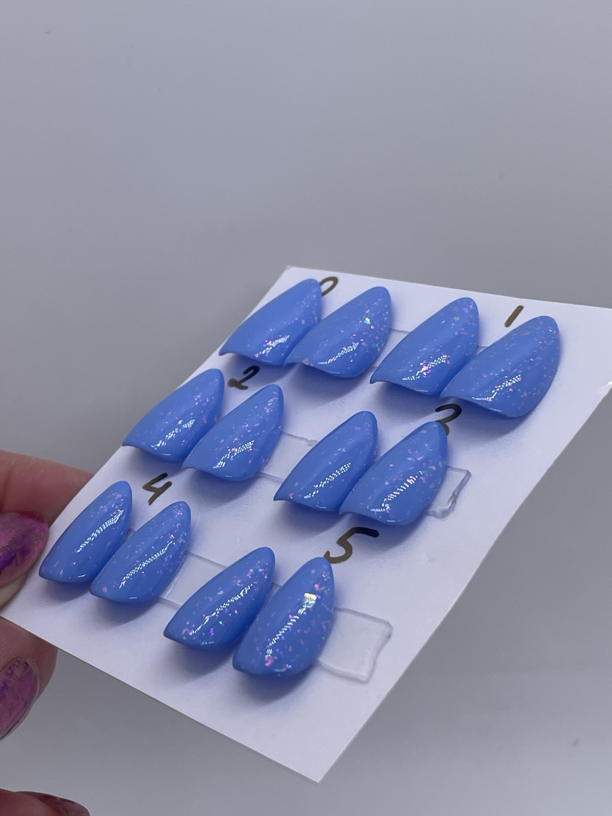 Handmade Gel Press On Nails Short Almond 24 Pieces Azure Blue Holographic