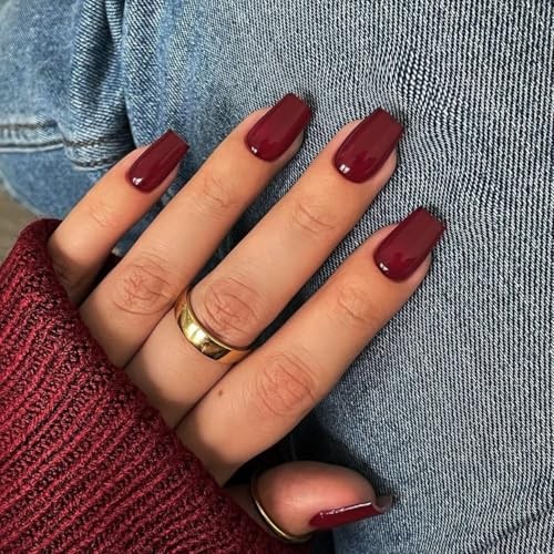 30 PCS Wine Dark Red Press on Nails Short Medium square glossy wine red