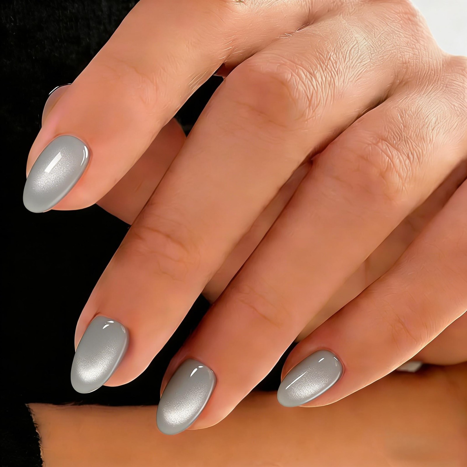 Cat Eye Press on Nails Short, Chrome Press on Nails Oval, Thick Glazed Grey F…