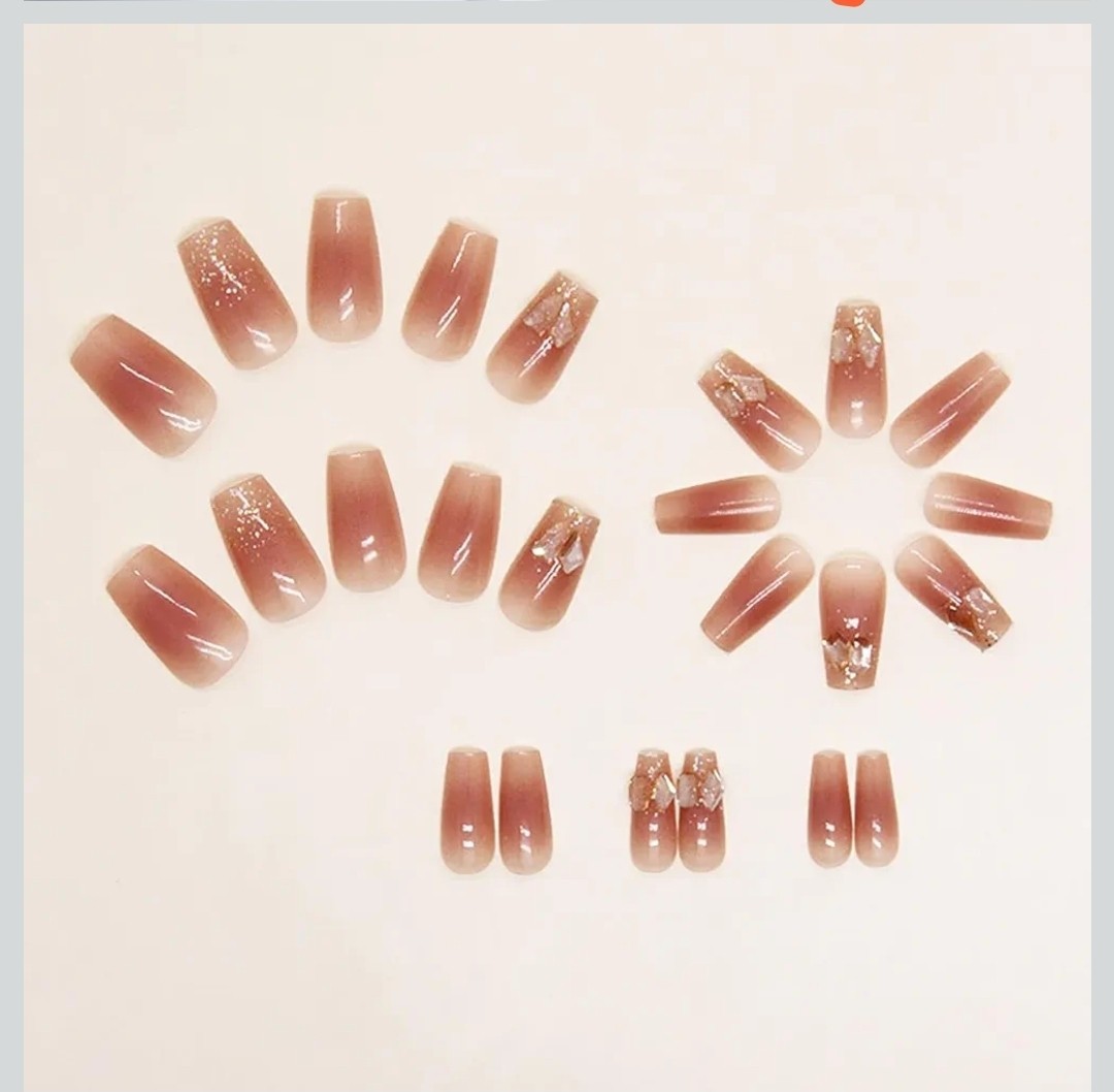 Medium Square Beige Gold Glitter 3D Press-On Nails Set Ombre Full Cover Acrylic