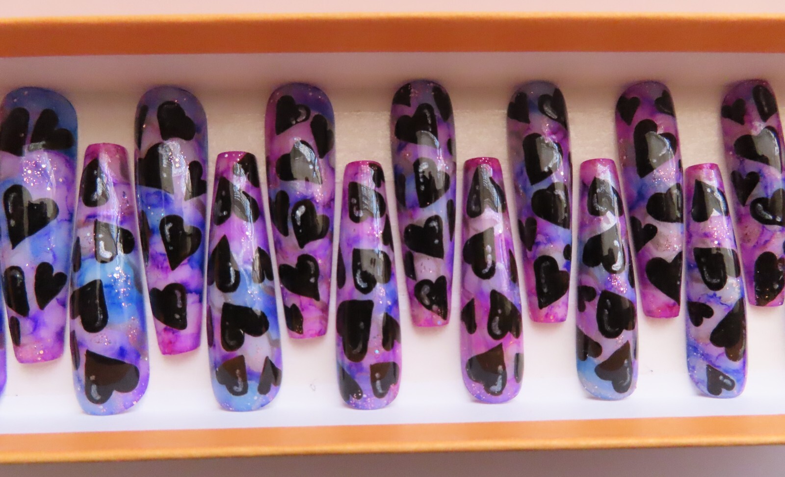 XL Blue Purple Black Silver Bubble Heart Ink Square Coffin Press On Nails (20)