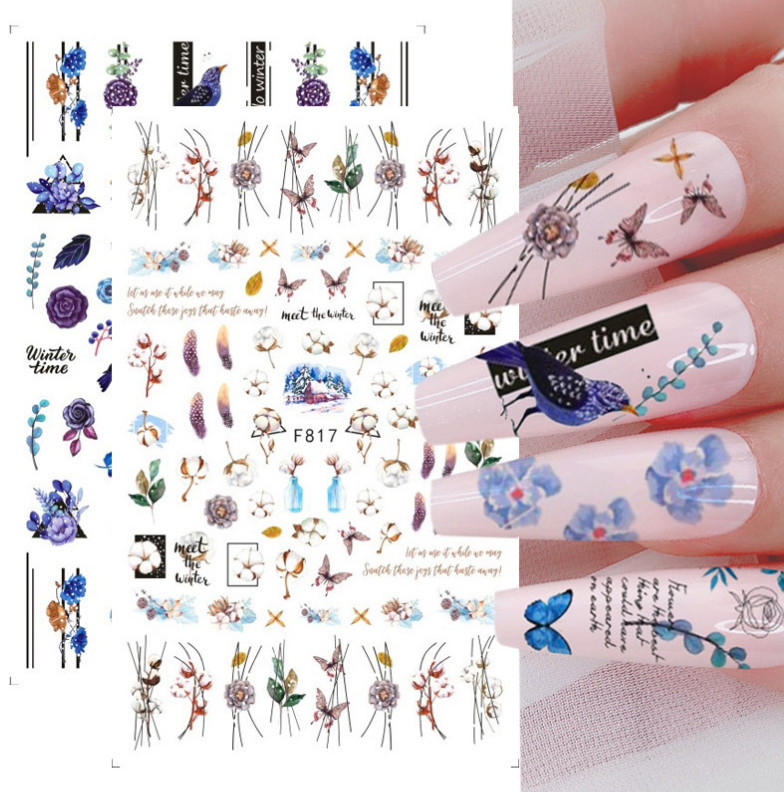 4Pcs 3D Nail Stickers Gel Polish Winter Time Geometric Lines Flower Slider NH21