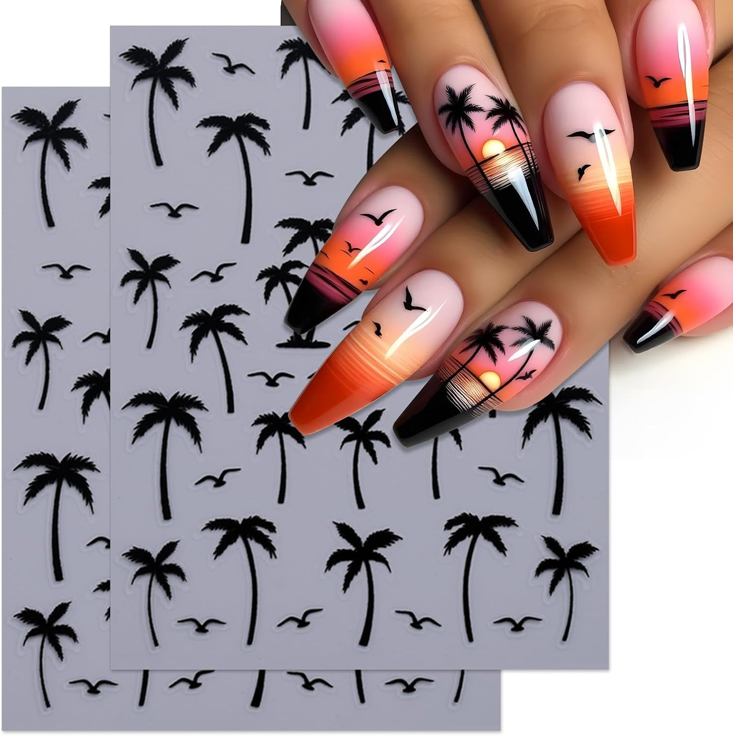 Summer Palm Tree Nail Art Stickers – Colorful Coconut Tree Seagull Self-Adhesive