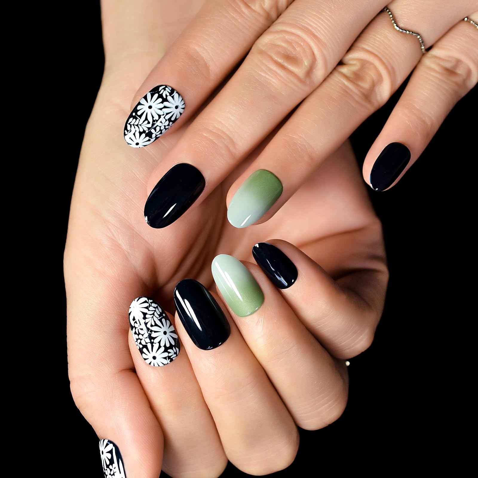 Pre-design Press On Nails Glossy Black Green False Nails Medium Long Nail Art…
