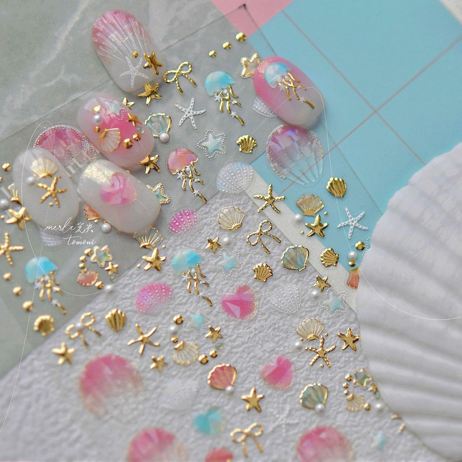Laser Pearl Seashell Nail Stickers 5D Embossed Gold Ocean Nail Decals Self-Adhes