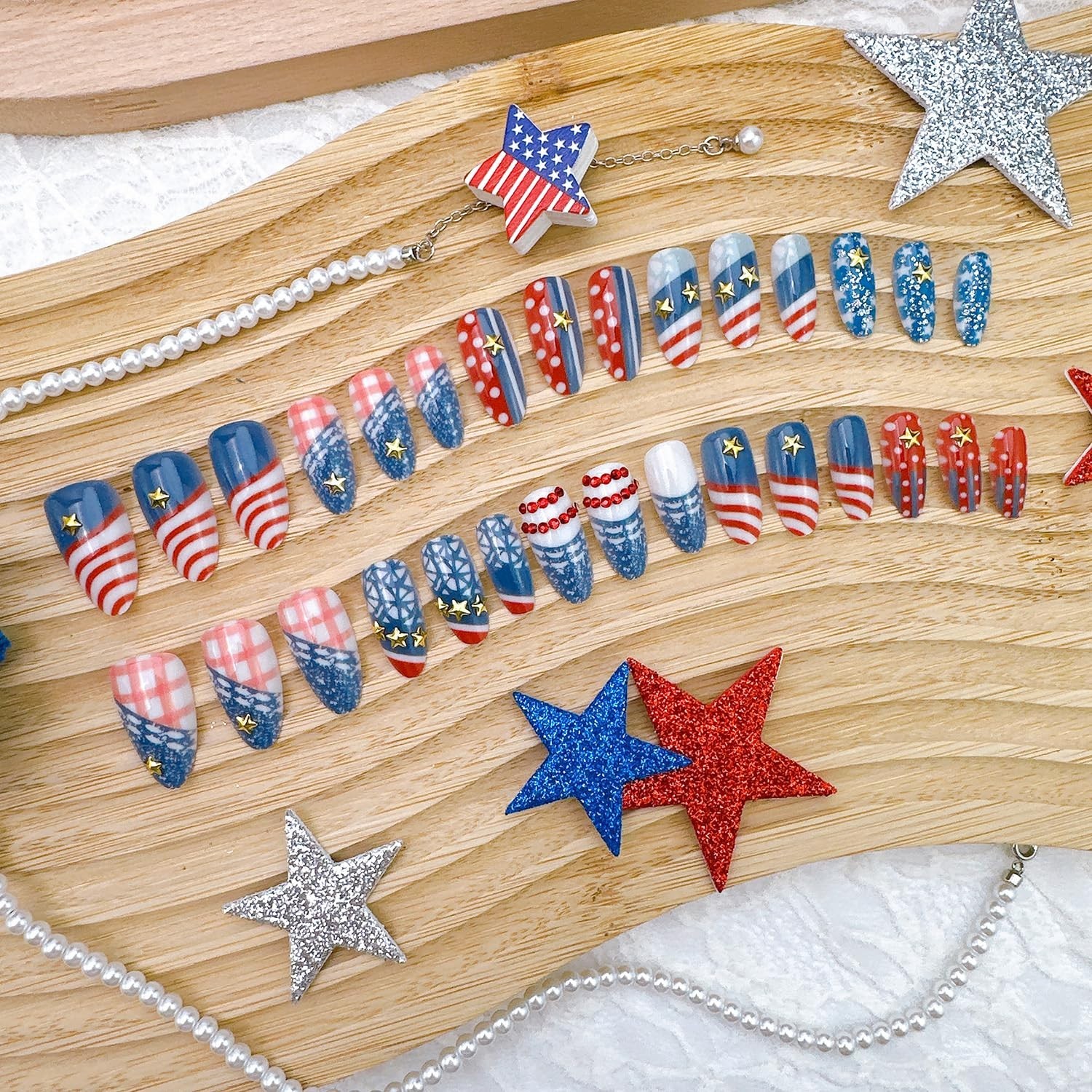 30Pcs 4th of July Press on Nails Medium Almond Fake Nails with Gold Star Red …