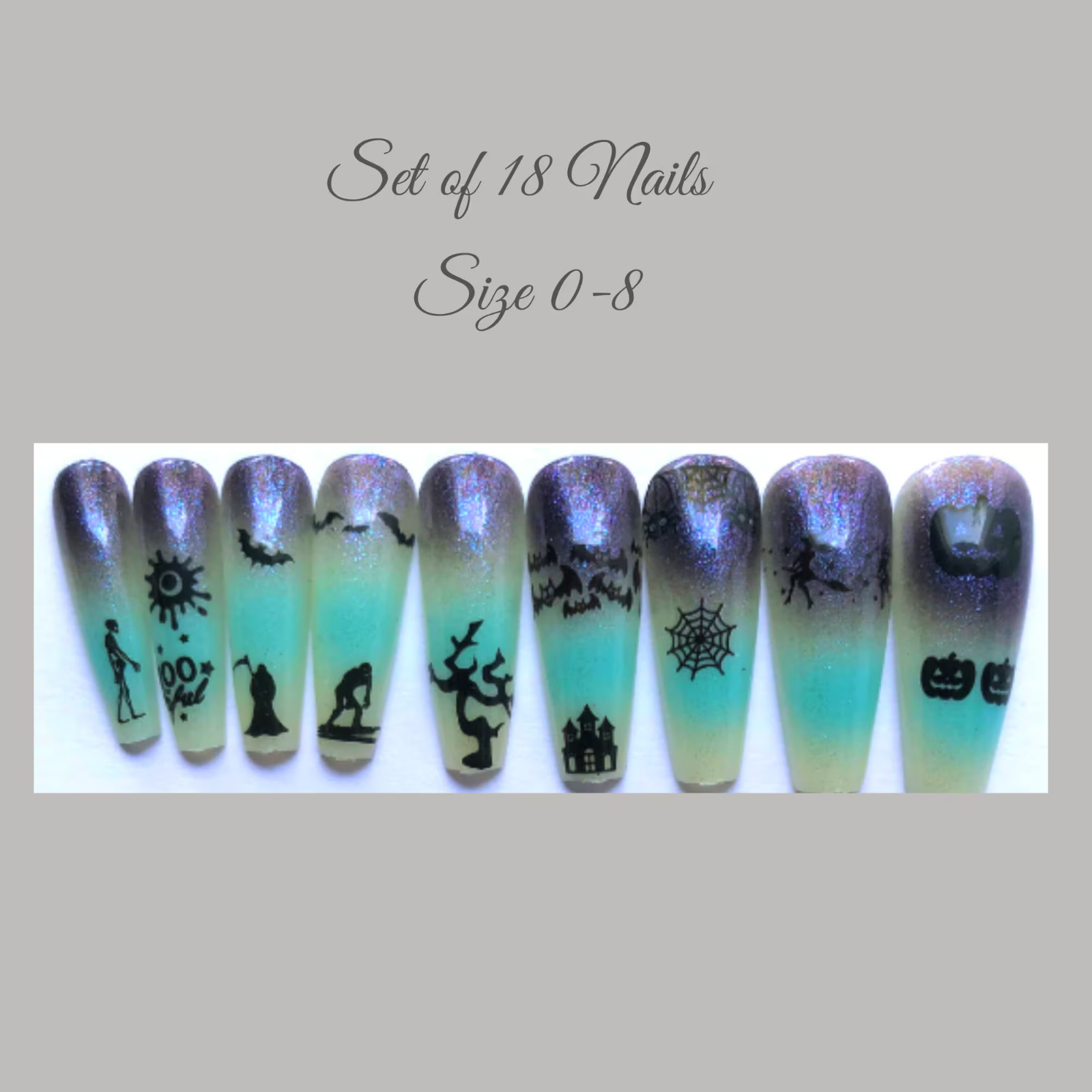 Blue Ombre Halloween nails- Press on nail set- Size 0-8, Ex-long Ballerina