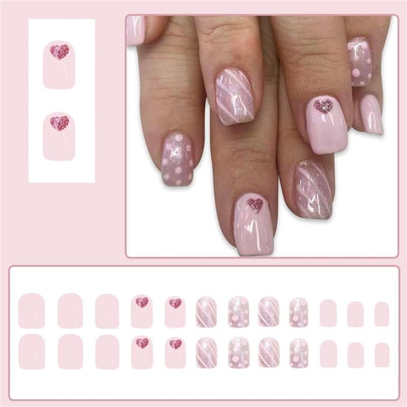 24 Pieces Valentine s Glittering Heart Fashionable Nail Set Acrylic False Nail