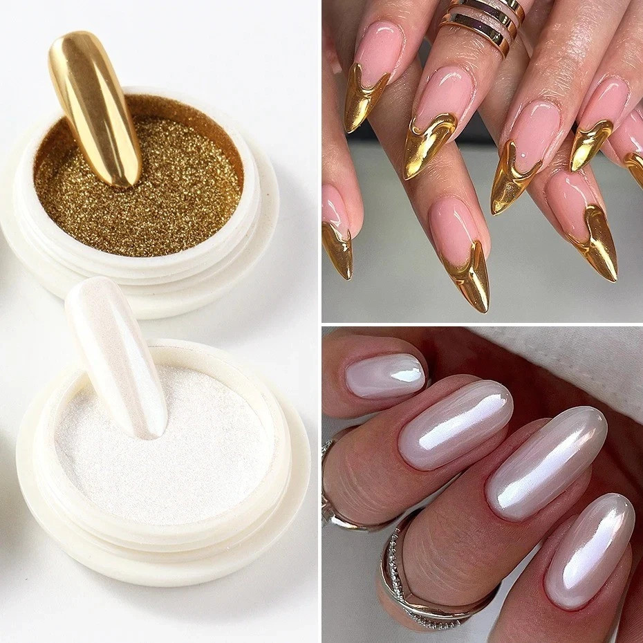 6PCS Chrome Mirror Nail Powder Set Gold Silver Holographic Aurora Pigment
