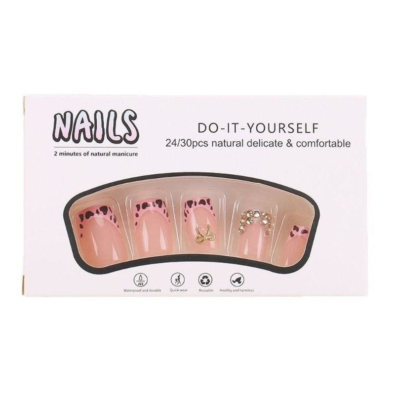 24 Pieces French Tip Nail Press On Nail Short Square False Nail With Rhinestones