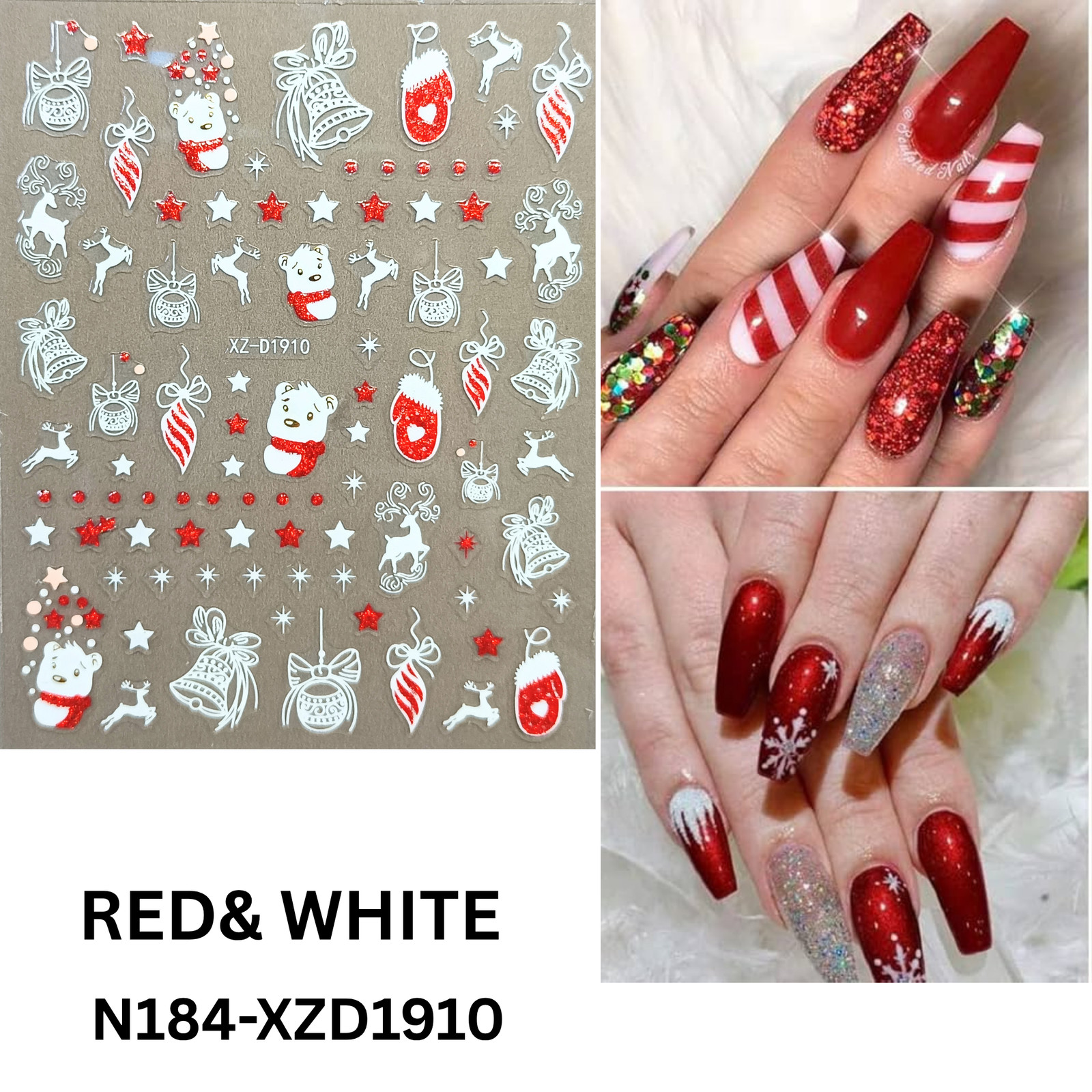Set of 12 Christmas 3D Nail Decals – Holiday Reindeer, Candy Cane, Santa & Snowf