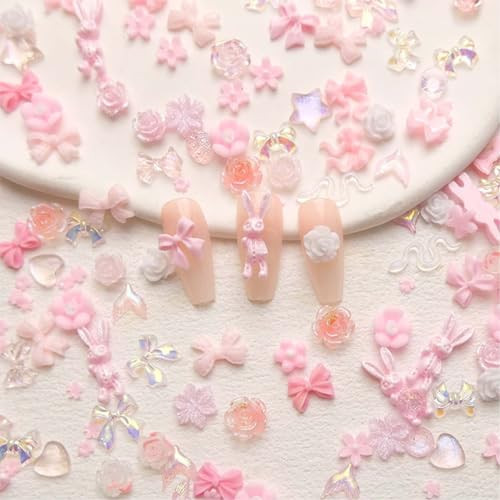 100 Pcs 3D Nail Charms Pink Nail Charms Flower Nail Art Charms Mixed Shape