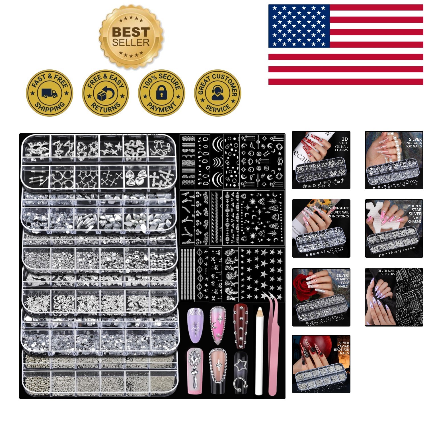 Complete Nail Art Kit: Silver Charms, Gems, 15 Art Stickers & Tools Included