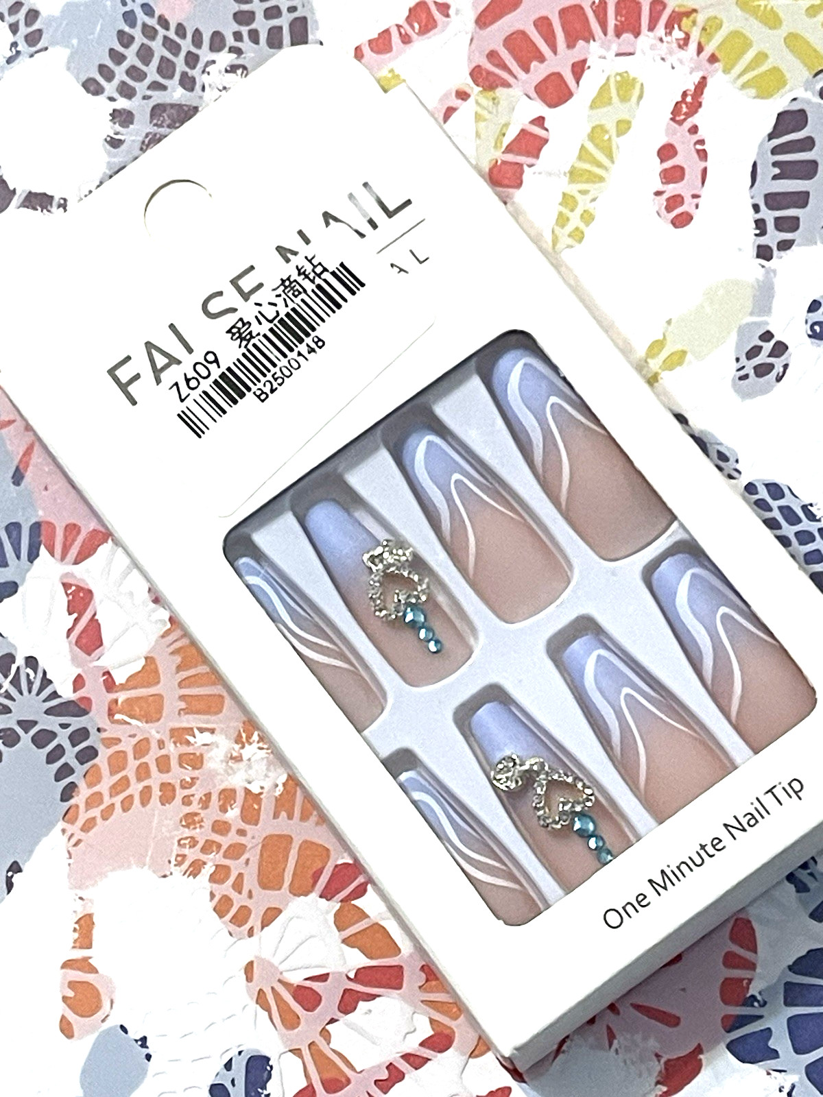 False Nail Professional NUDE LIGHT BLUE OMBRÉ with WHITE SWIRLS & HEART CHARM