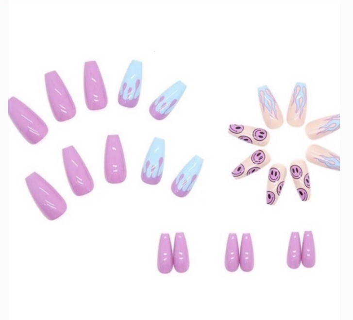 Press-On Nails Set, Purple Blue, Smiley Face Flame, Shiny, Long Coffin