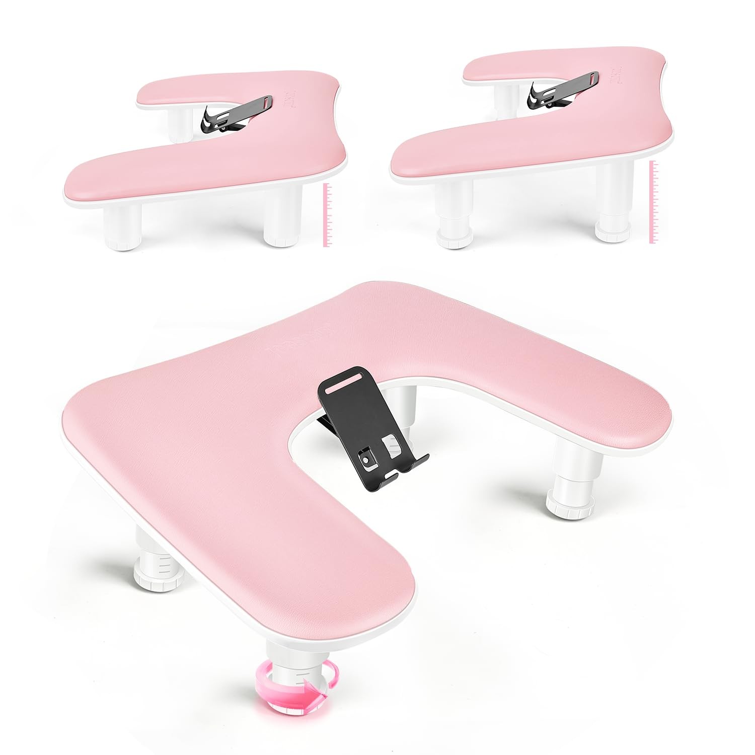 Pink U-Shaped Manicure Arm Rest for Nails Tech with Rotating 360°Built-In Pho…