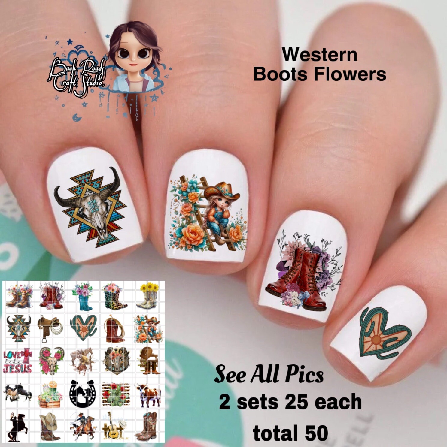 Western, Boots, Flowers Cowboy Waterslide Nail Art Decals Set Of 50