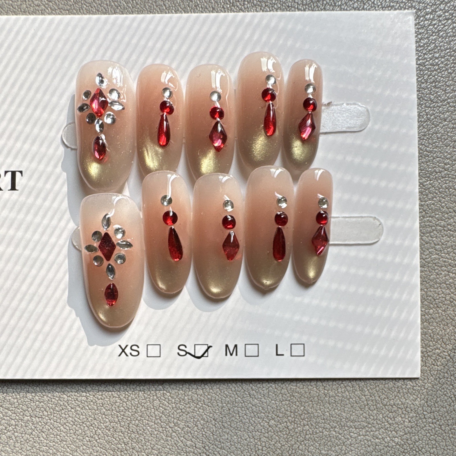Press-On Nails Short Oval Beige/Gold Ombre Rhinestones Shiny Full Cover