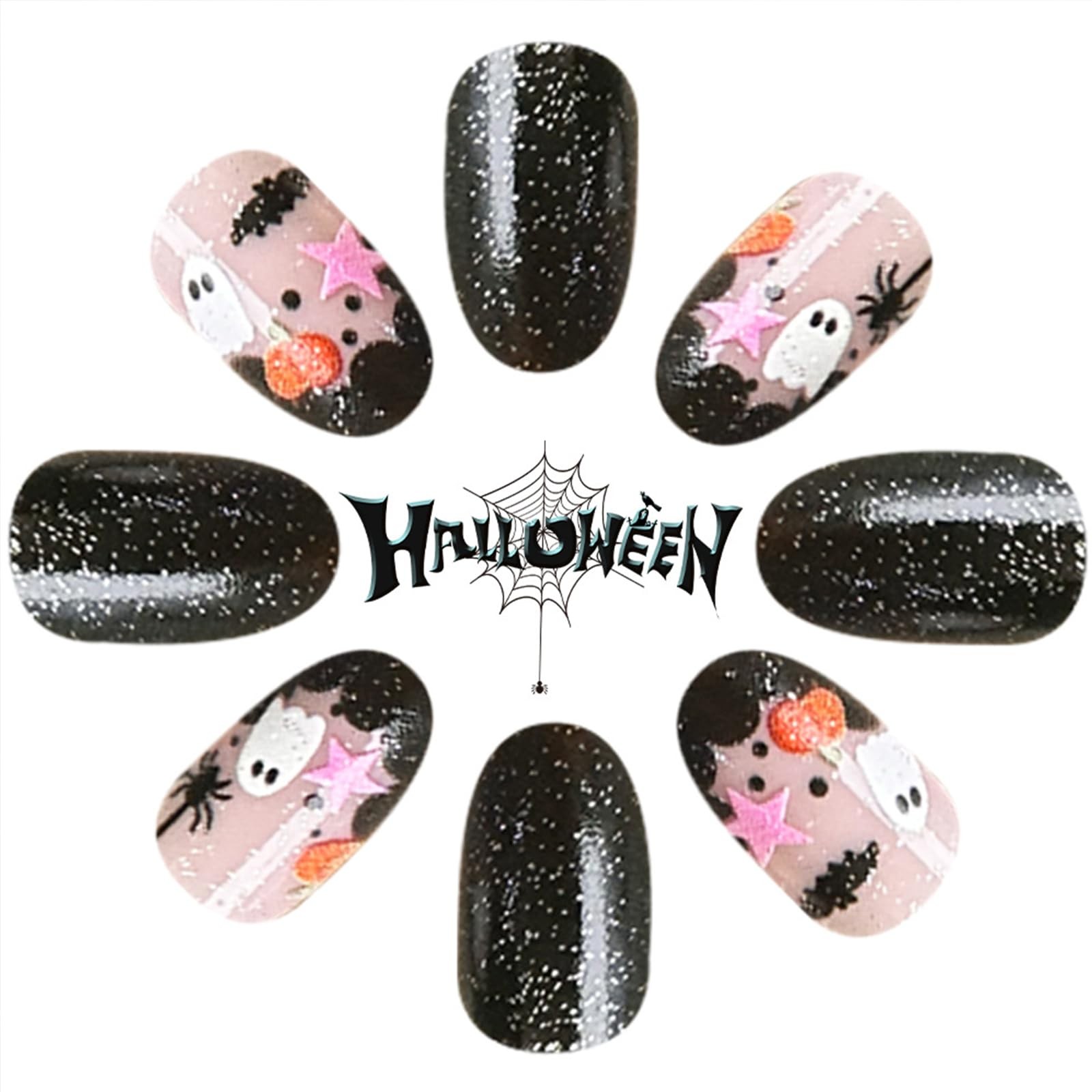 Halloween Press on Nails Short Almond Fake Nails with Designs Cute Ghost Stic…