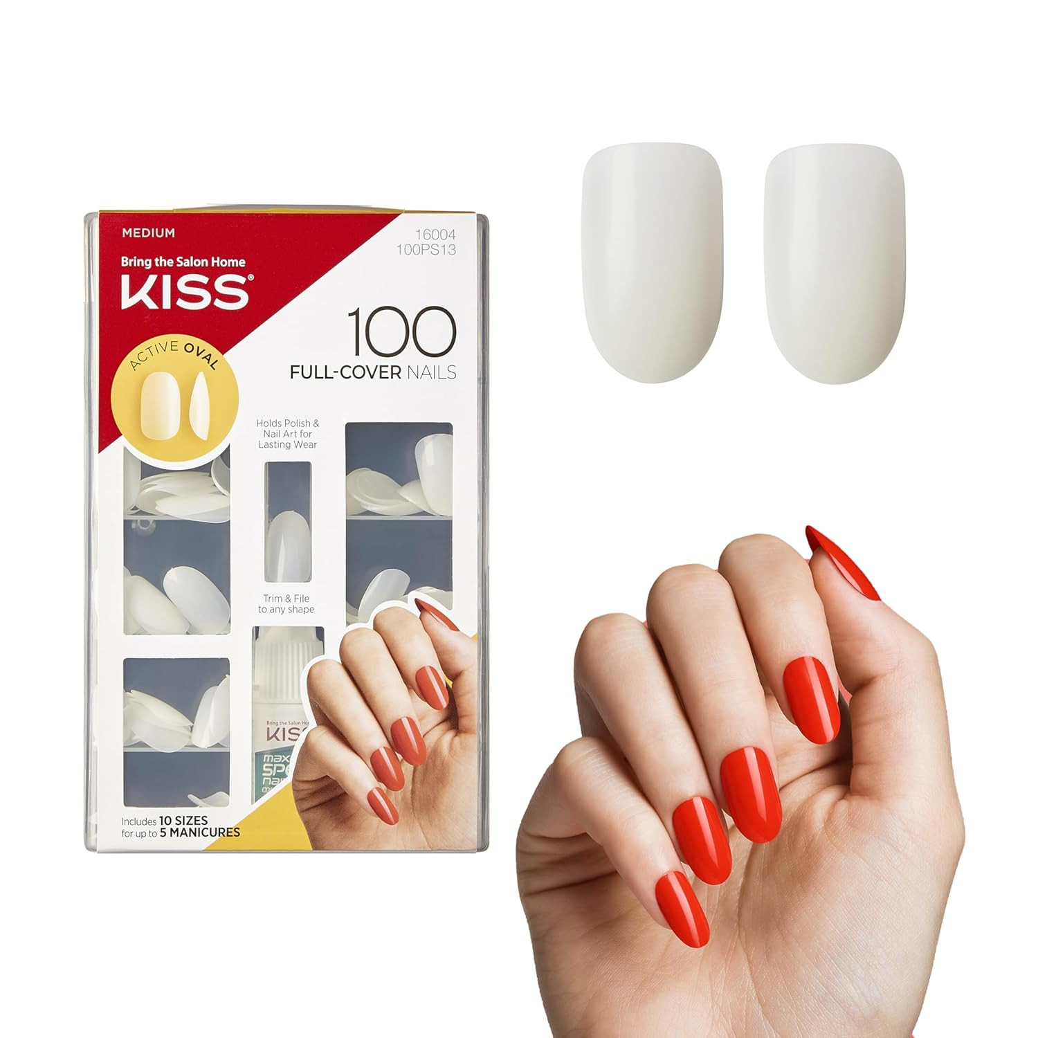 100 Full-Cover Nails, Press-On Nails, Nail Glue Included, ‘Active Oval’ Shape, C