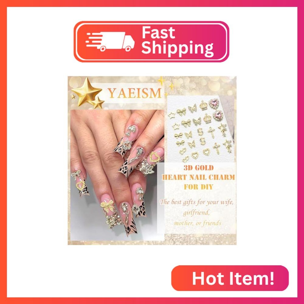 YAEISM 180PCS Gold Nail Charms: Cross Crystal Star, 3D Gold Butterfly, Sparkly C