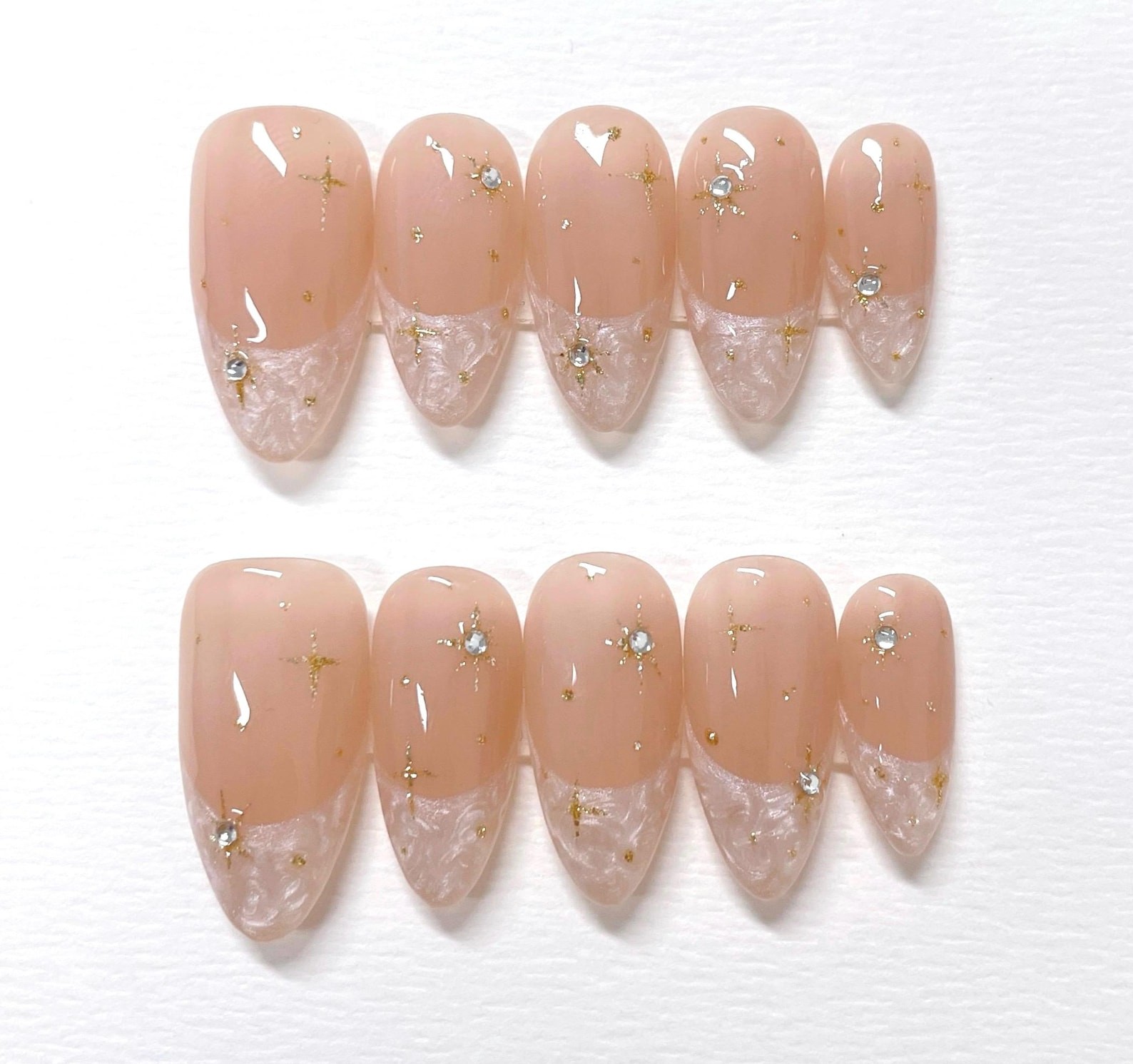 Handmade Nude Gold Foil Star Rhinestone Medium Almond Press on Nails Set