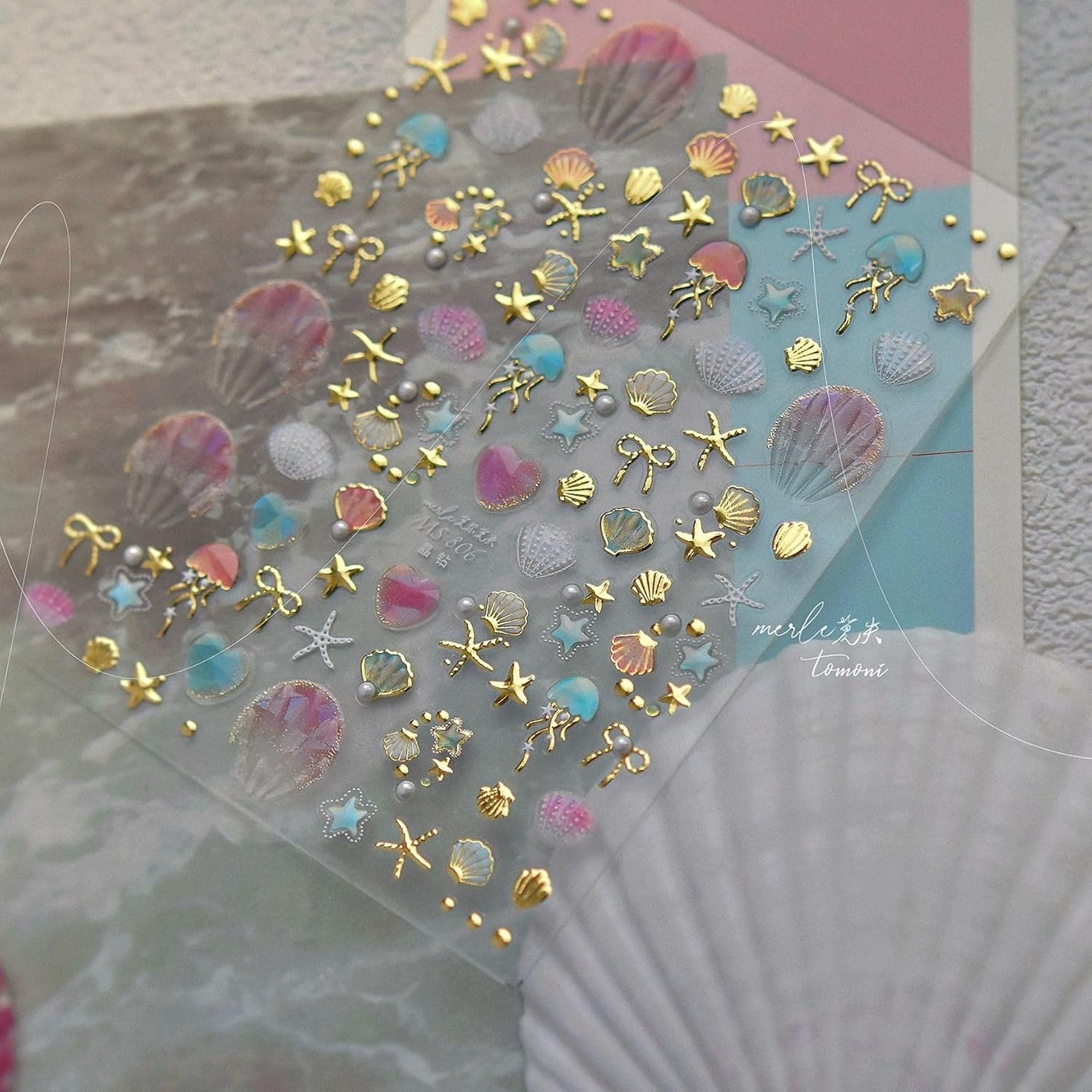 Laser Pearl Seashell Nail Stickers 5D Embossed Gold Ocean Nail Decals Self-Adhes