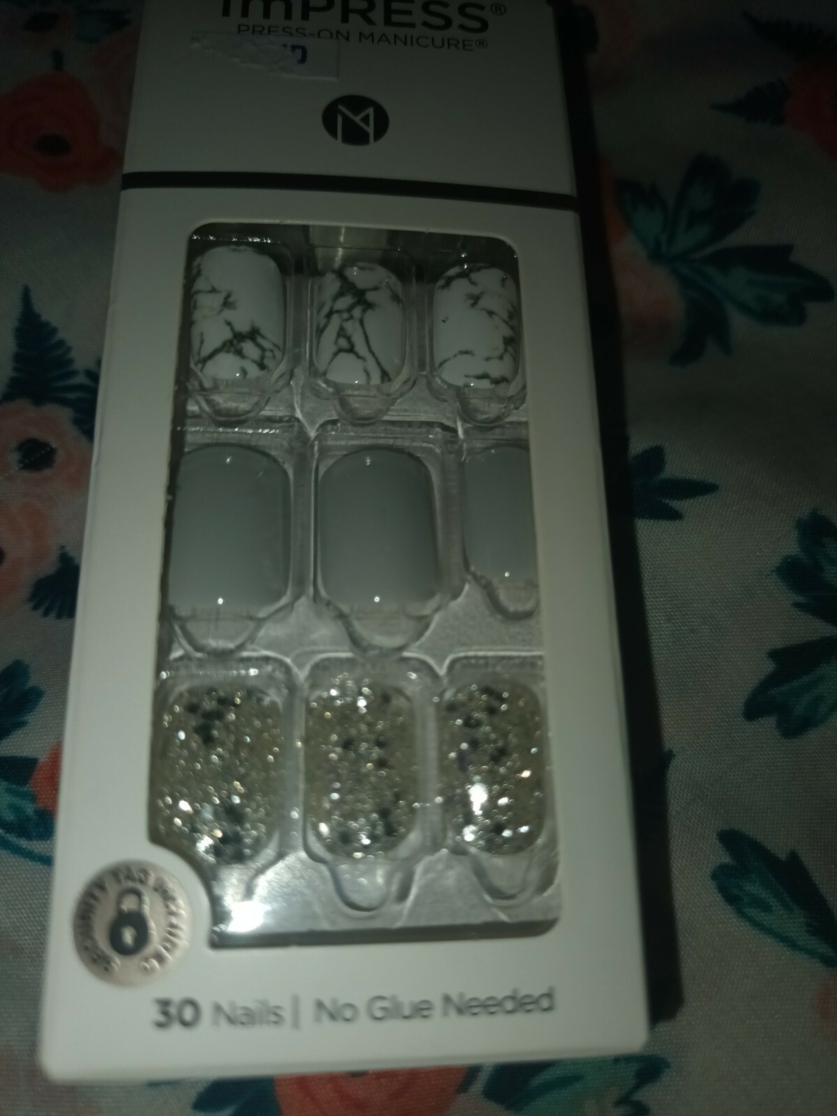 Kiss Nails Impress Press On Manicure Short Gel White Marble Gray Silver Bling
