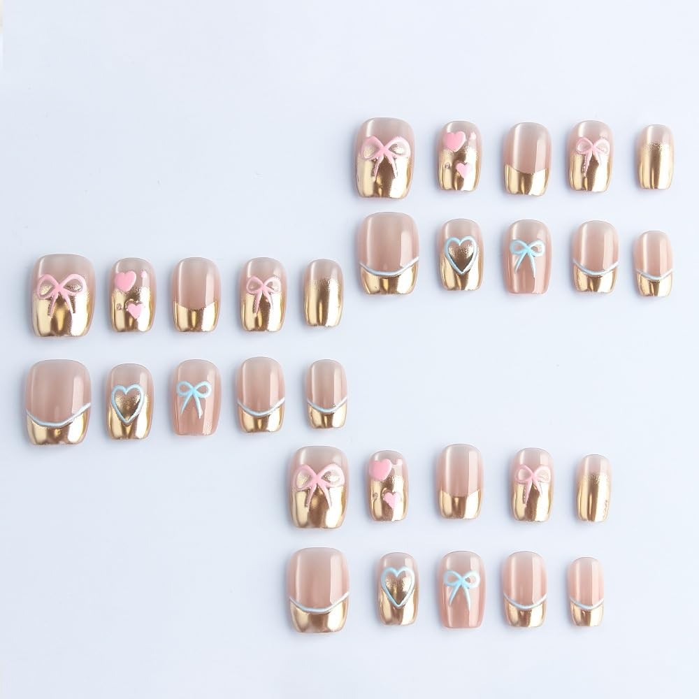 Short Press on Nails Square Glue on Nail – Pink Blue Bow Hearts Design Glossy…