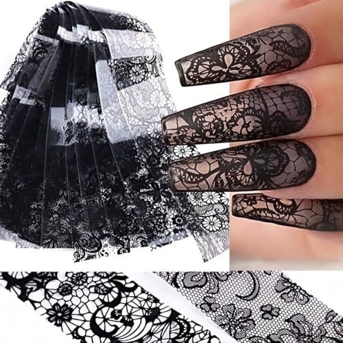 10 Rolls Lace Nail Art Foil Transfer Sticker Kit Black White Flower Foil W2