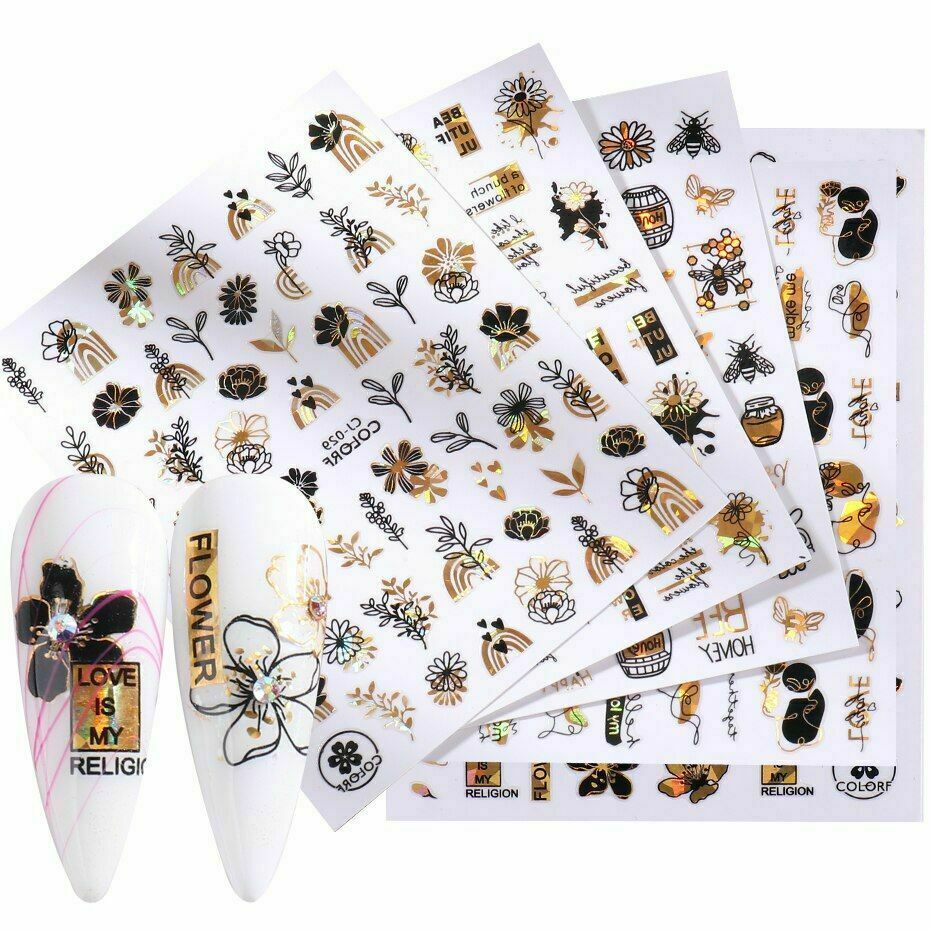 3D Nail Art Sticker Holographic Flower Clover Abstract Face Letter Slider NS18
