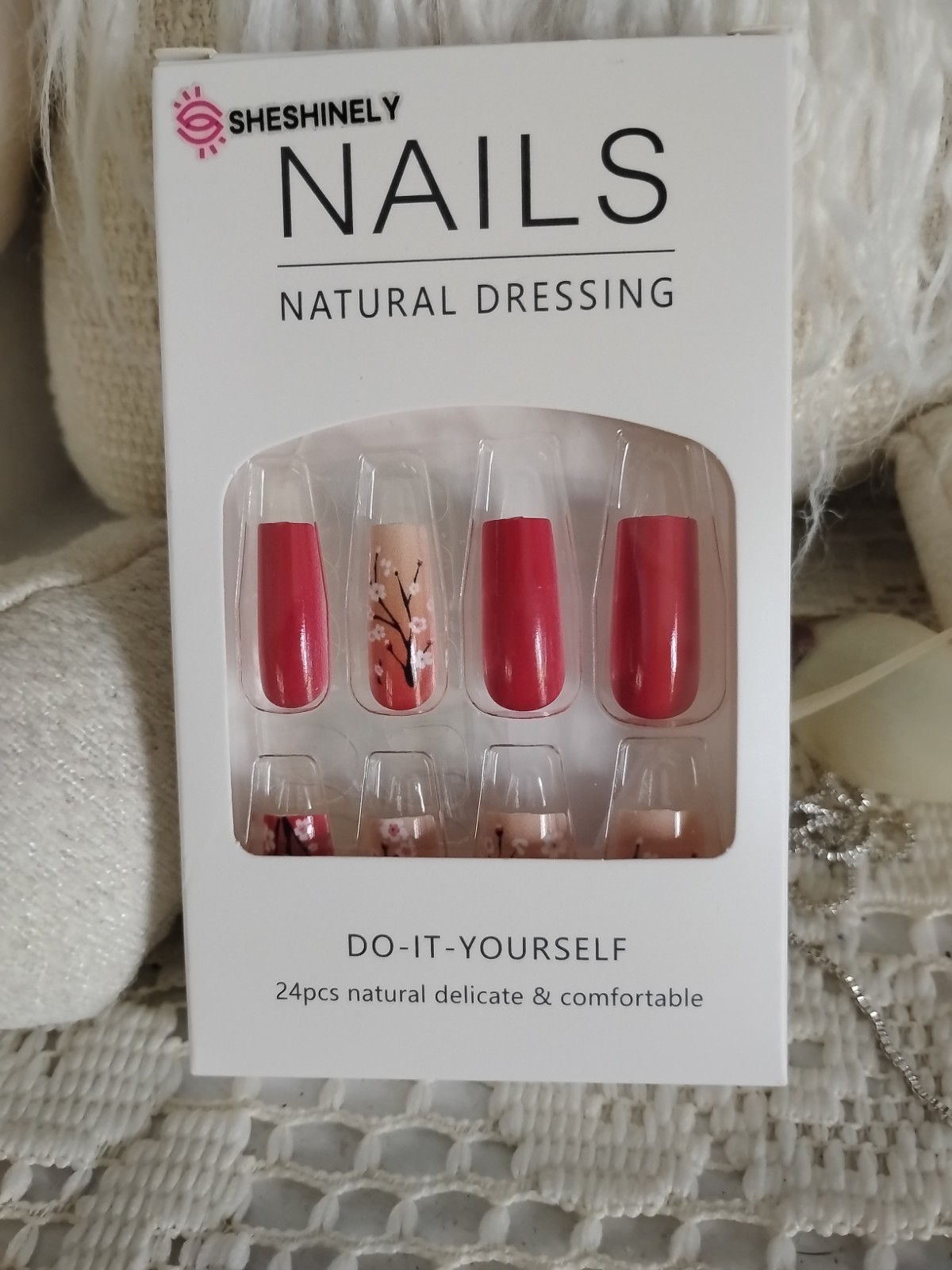 Curvlife Press-On Nails 24 PCS Rose Color With Cherry Blossom Design