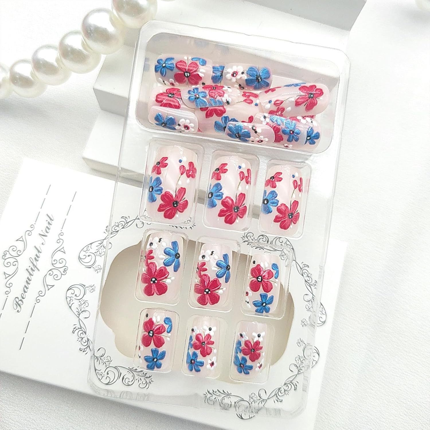 4Th of July Press on Nails Medium Square Fake Nails with Blue Red White Flower D