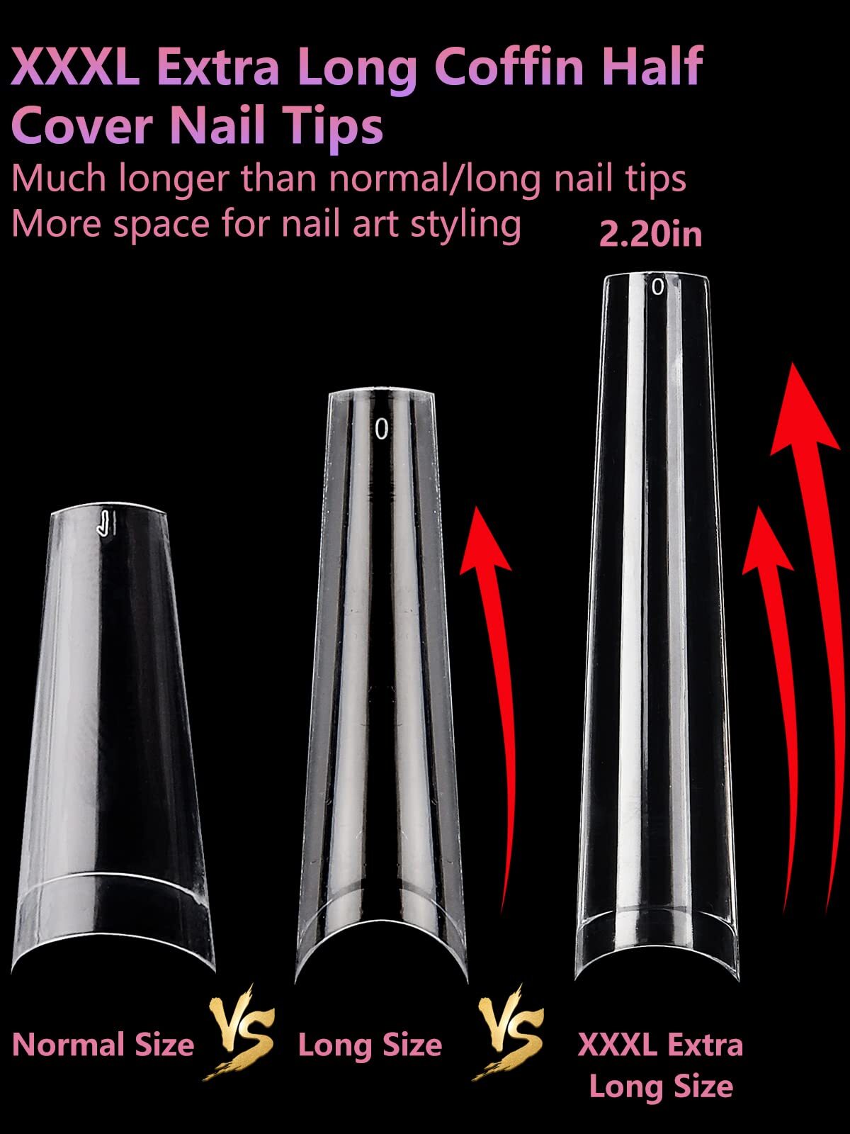 504-Piece Set of XXXL Clear Coffin Nail Tips for Acrylic Nails 12 Sizes
