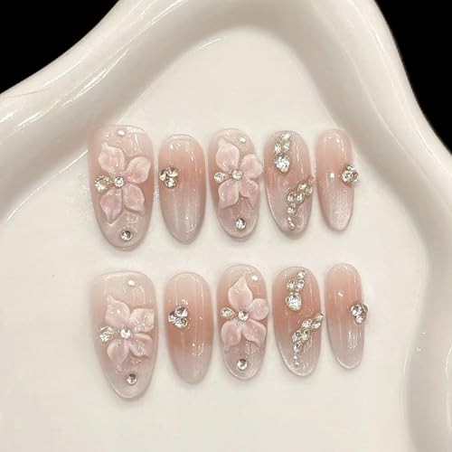 30Pcs Lily Flower Press on Nails Medium Length Rhinestones and Glitter