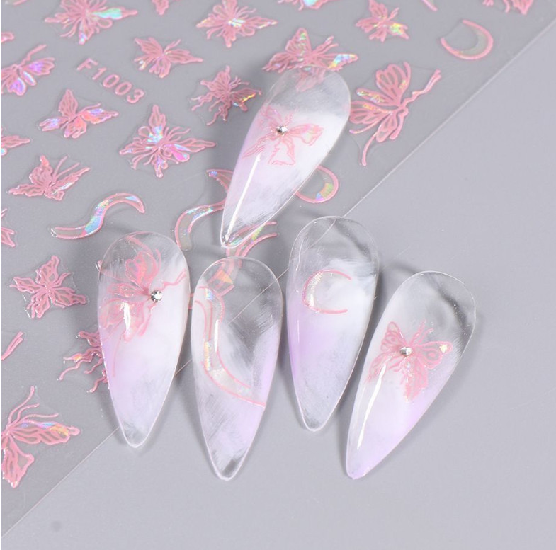 3 or 4Pcs Holographic Laser Pink Black Butterfly Star French Nail Stickers NS20