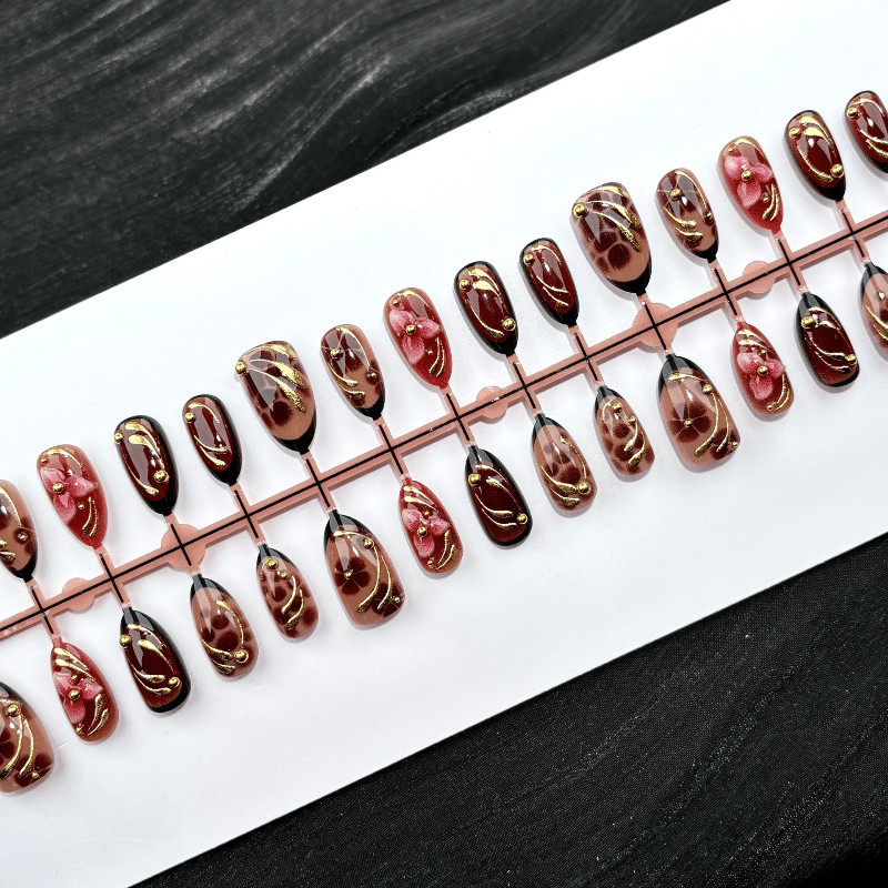 60pcs Short Oval Press on Nails,Caramel Tortoise 3D Flower Gold Line Trend Nails