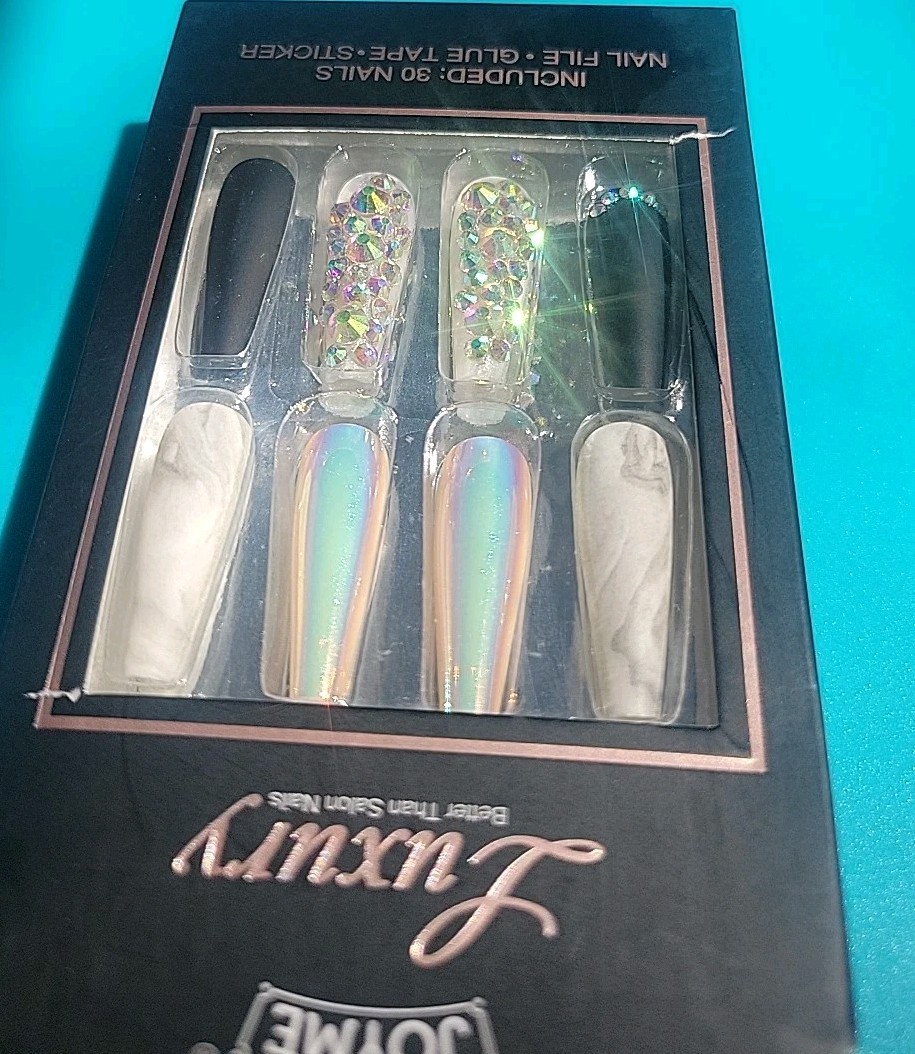 Beautiful New Luxury Nails, Black, Pearlescent, Marble, W/rhinestones