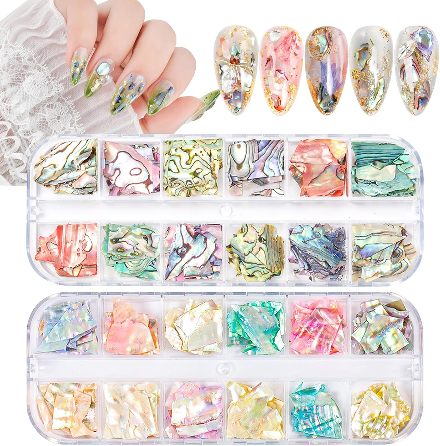 24 Grids Seashell Nail Art Nail Flakes, Irregular Abalone Seashell Colorfula