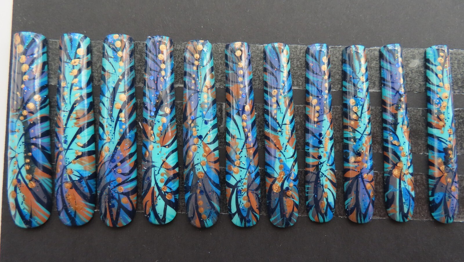 XXL Clear Purple Aqua Brown Blue Bronze Metallic Abstract Square Press On Nails