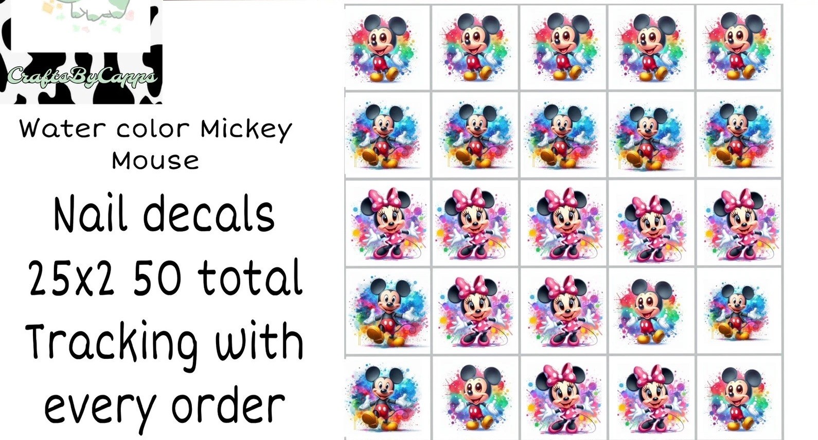 Watercolor Mickey Mouse Waterslide Nail Art Decals Set Of 50 Instructions KC