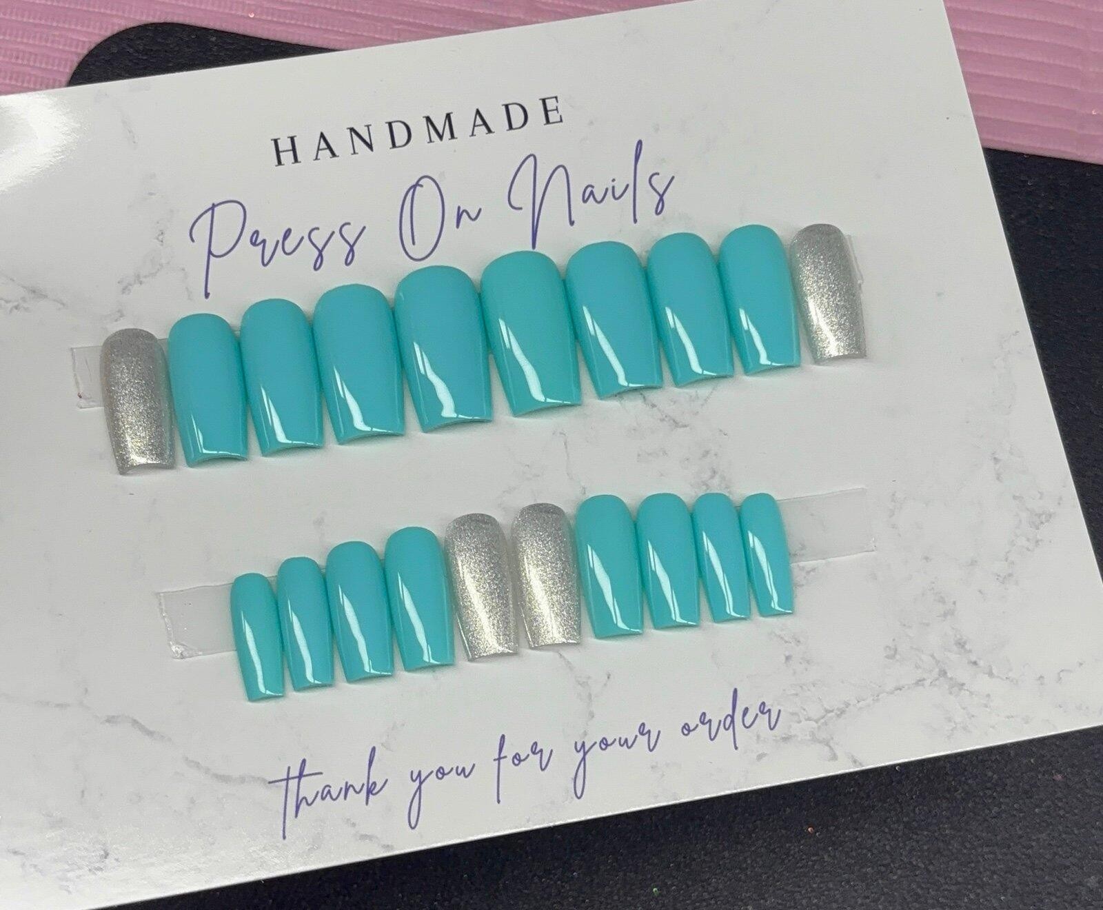 Medium square Press on nails silver glitter teal light blue handmade custom gel