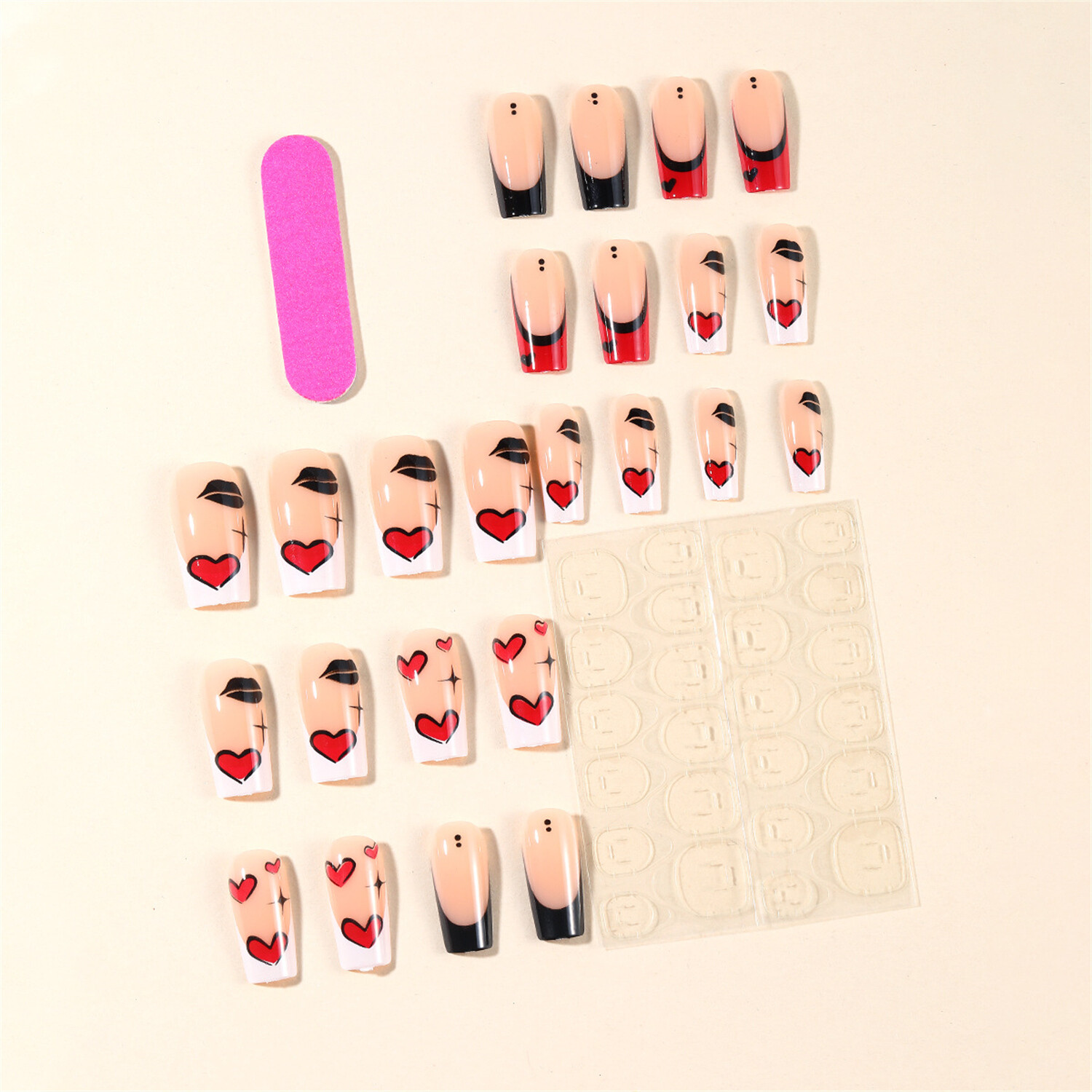 24pcs Valentine’s Day Heart Square Press-On Fake Nail Colorblock French Manicure