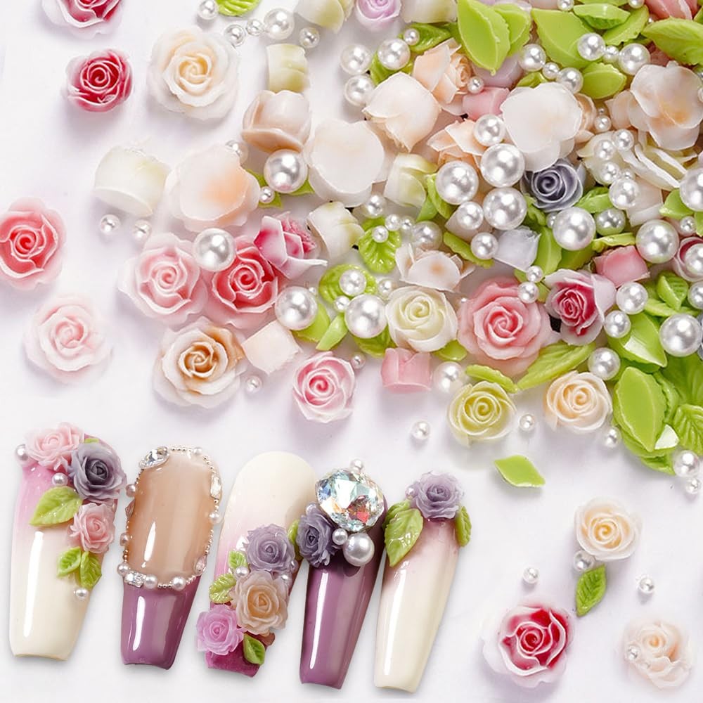 100Pcs 3D Camellias Rose Flower Nail Art Charms,Nail Pearls Cute Flower Nail Cha