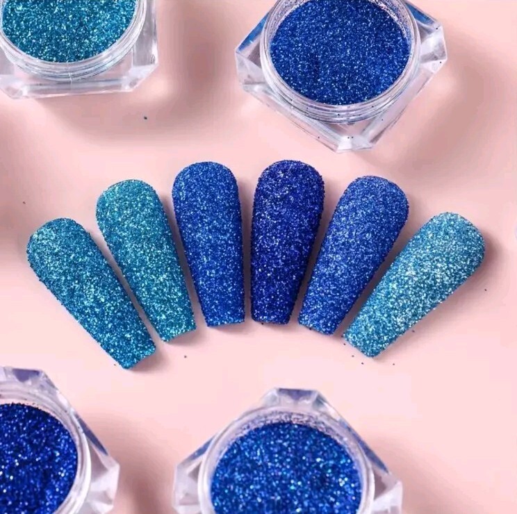 6pcs Cool Blue Ocean Glitter Nail Powder Set – Sparkling Sugar Sequins, Crystal